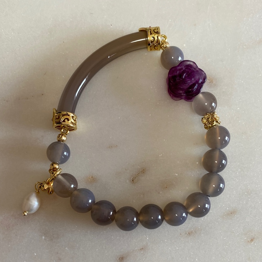 Smoky Gray Agate Half Bangle Bracelet with Carved Fluorite Rose & Pearl